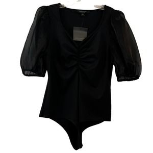 Marc New York Bodysuit Sheer Puff Sleeves Ruched V-Neckline Size Large NWT